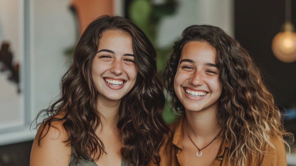 Two women with healthy, vibrant hair smiling together, showcasing the importance of a Hair Care Routine