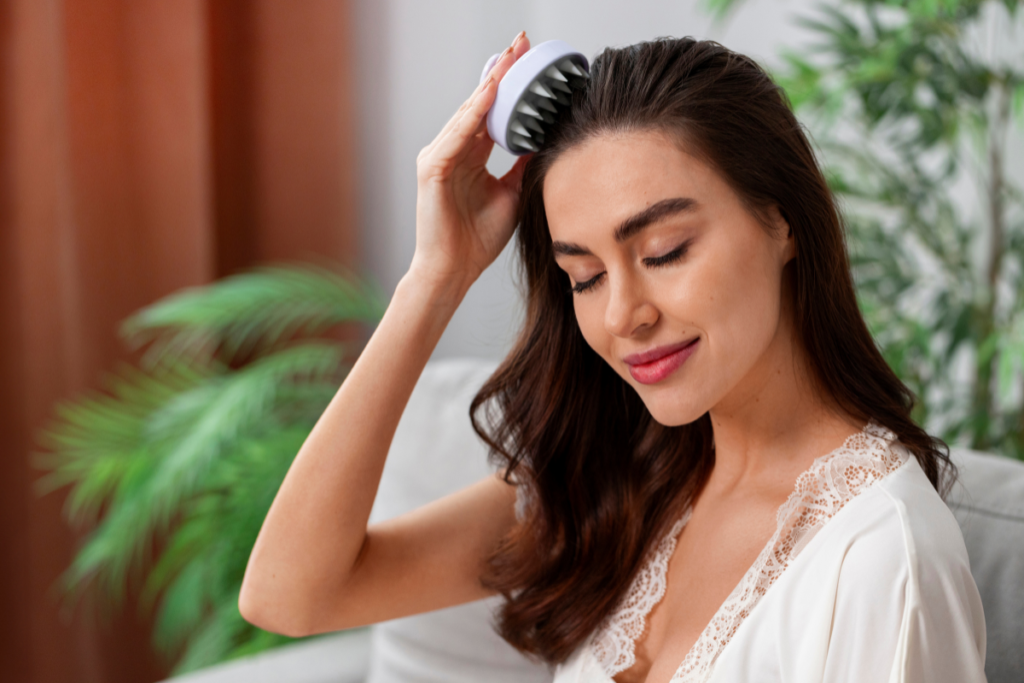 Person gently massaging their scalp with a handheld brush, promoting healthy fine hair care in a cozy, plant-filled setting.