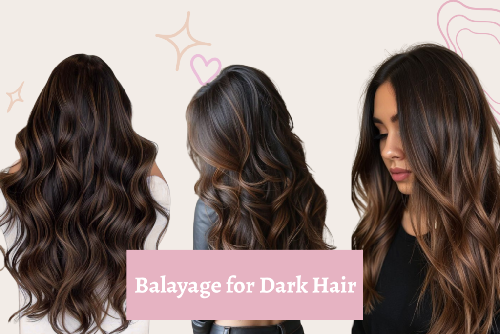Women with wavy balayage for dark hair, featuring caramel highlights on a soft, neutral background.