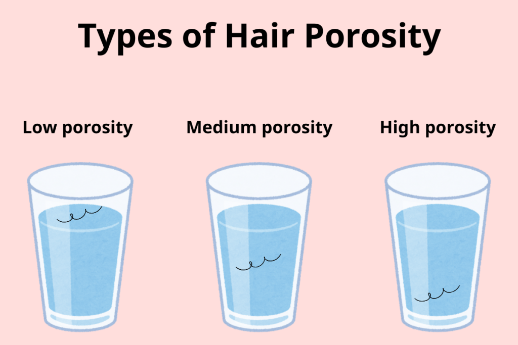 Illustration of three hair porosity types using water glasses to show strand absorption levels.