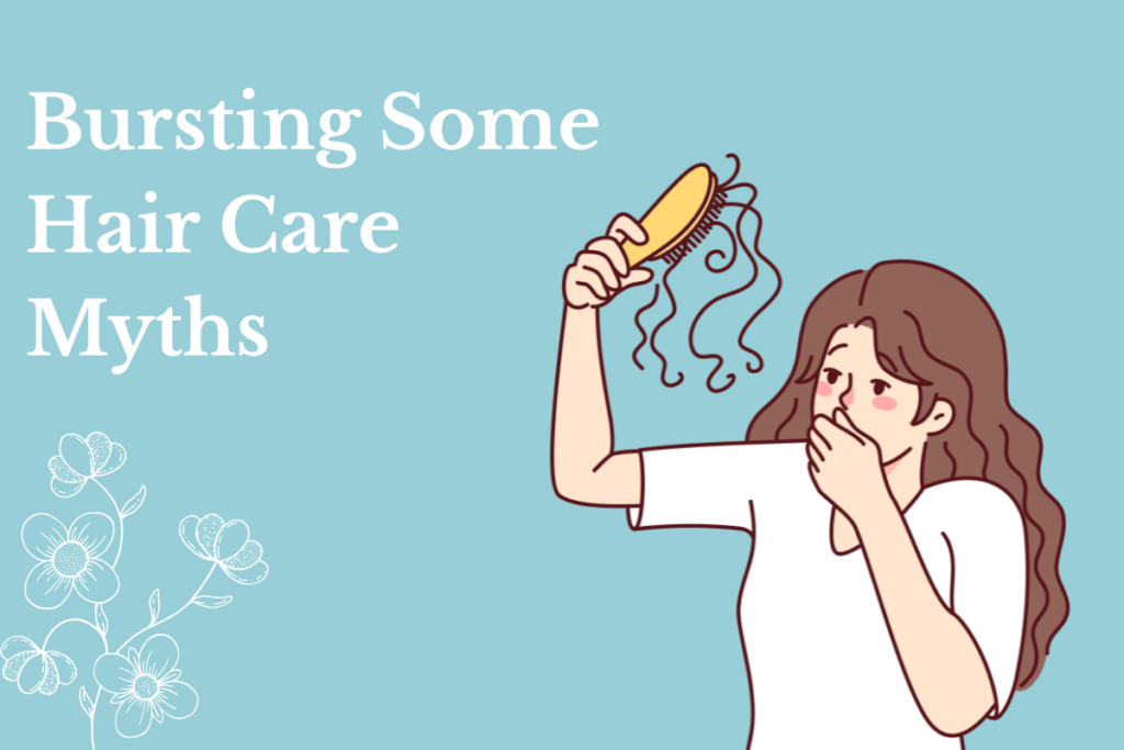 Illustration of shocked woman holding hair-filled brush, highlighting common Hair Care Myths busted.