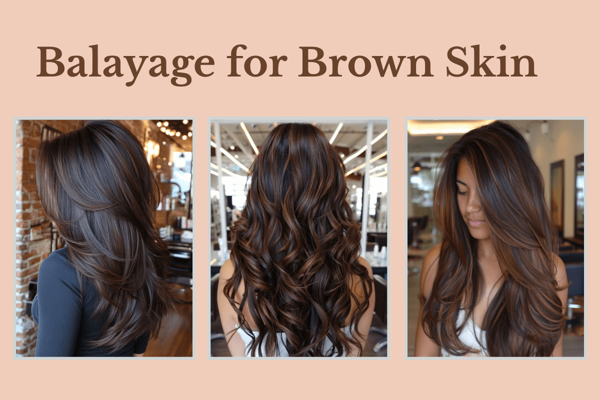 Three women showcasing stunning balayage for brown skin with glossy curls and radiant highlights.