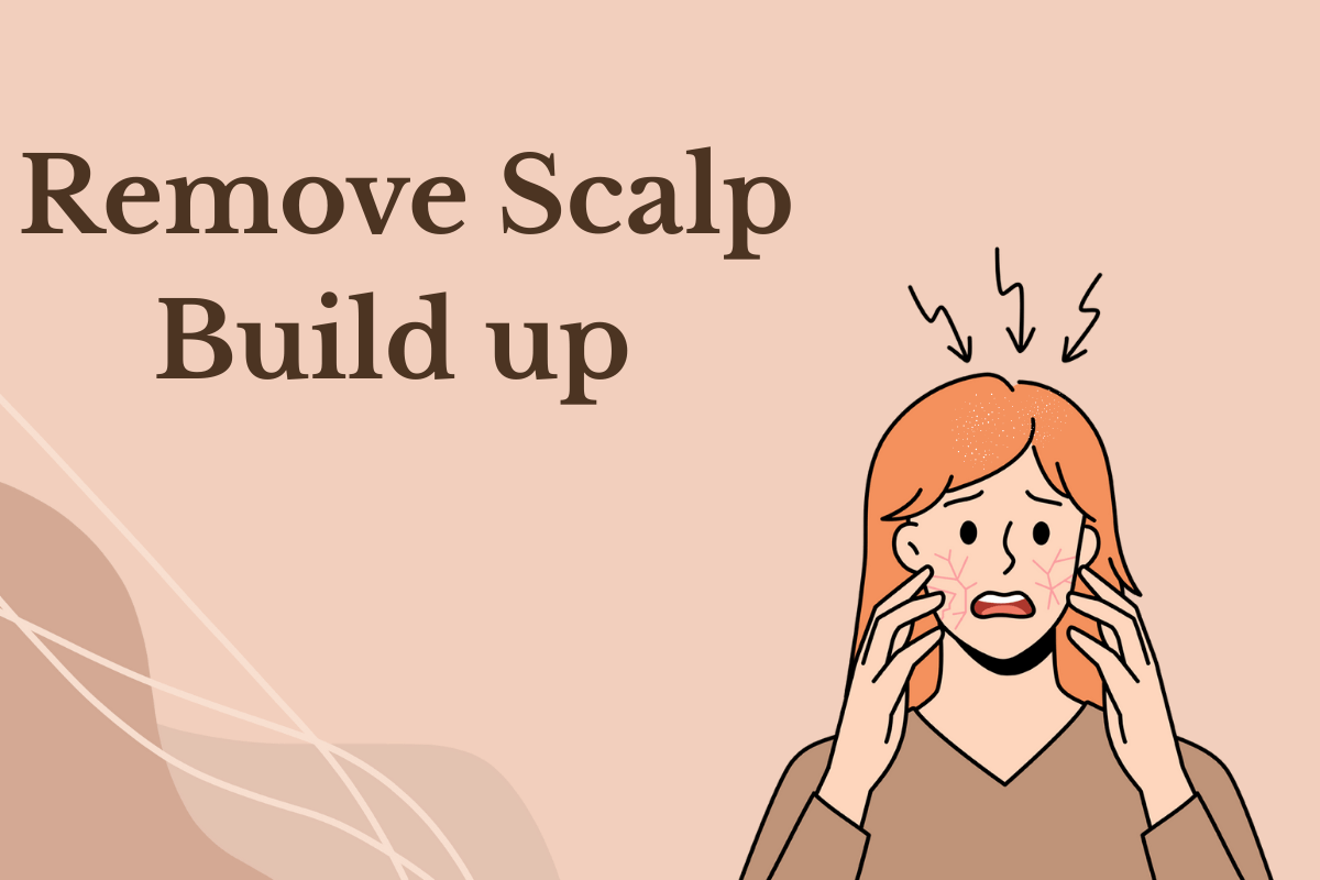 Illustration of worried woman showing scalp buildup problem with arrows highlighting hair and scalp.
