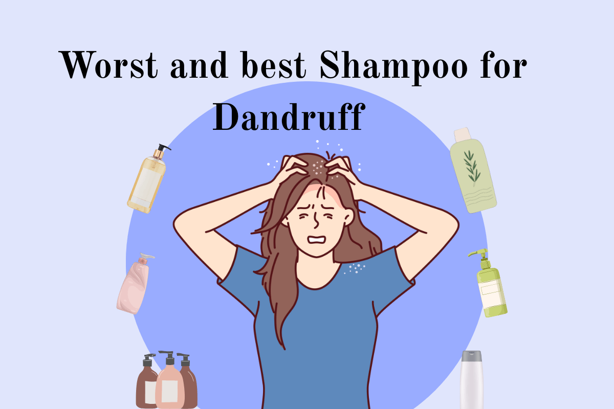 A frustrated woman scratching her scalp surrounded by shampoo bottles, illustrating the best and worst shampoo for dandruff.